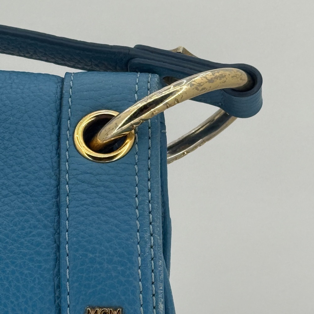 MCM Blue Pebbled Leather Studded Flap Crossbody Messenger Hobo Bag Gold Hardware - Picture 7 of 16